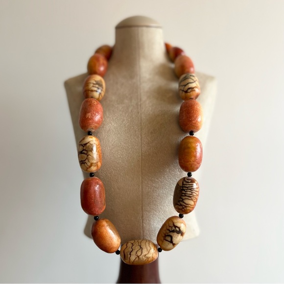 Handmade Vintage Apple Coral + Onyx Beaded Necklace